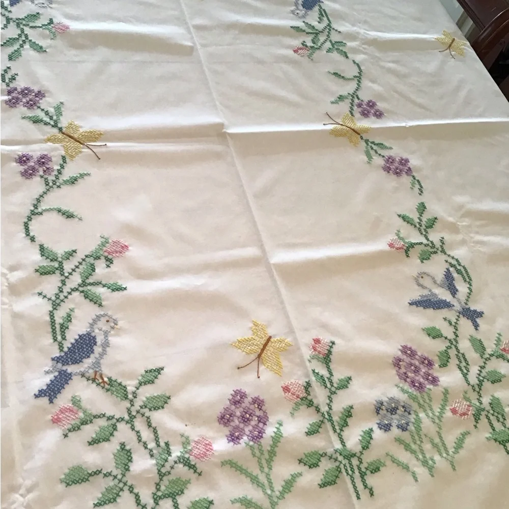 Hand cross stitched rectangle birds and butterflies tablecloth